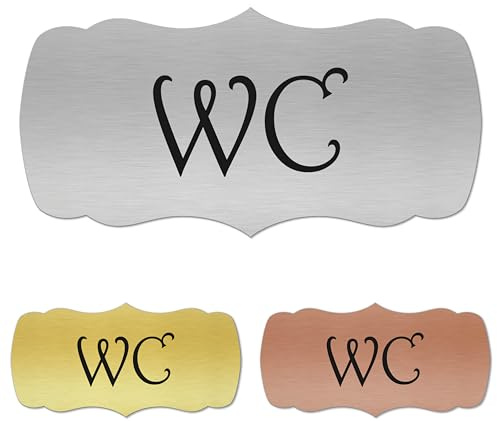banjado® WC Schild selbstklebend/Graviertes Türschild WC Design WC 3 / Toilettenschild 24x12cm / WC Aufkleber in Edelstahl Optik/Badezimmer Schild