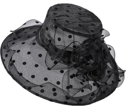 Eleganter Damenhut für den Sommer, große breite Krempe, Fedora-Hut für Damen, Organza-Hut, Strand, Sonnenhut, Derby-Hut, Schwarz , Einheitsgröße