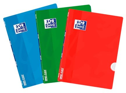Oxford, Notizbücher, A4, kariert, 4 x 4, Kunststoffdeckel, 48 Blatt, Packung mit 3 Notizbüchern, Rot, Türkis und Grün