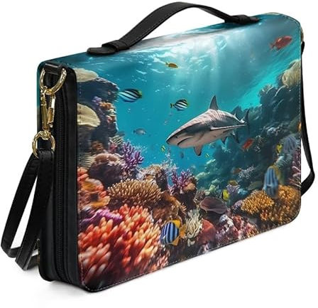 Kuiaobaty Sea Shark Bibeletui Große Leder Buchtasche mit Reißverschluss, Ozean-Tier Korallenmuster Kunstleder Buchhülle Kirchengriff Büchertasche für Frauen