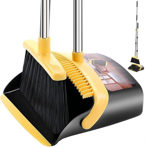 2-Pack is More economical,Brooms with Dustpan Combo Set， with 52 Long Handle, Dustpan Teeth with self-Cleaning Function, Indoor and Outdoor Sweeping, Perfect for Home Office (Large/Yellow/ 2-Pack)
