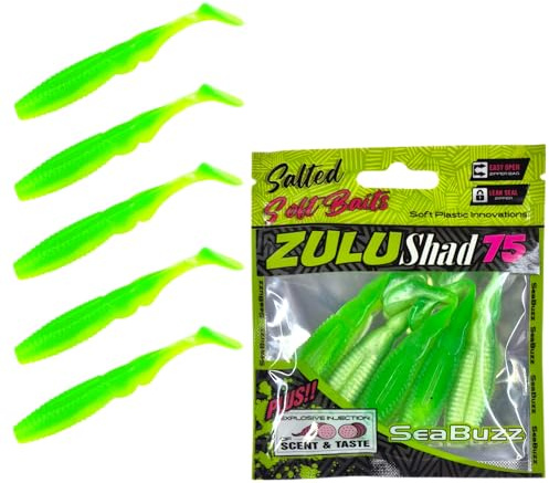 SEABUZZ Gummifische Angelköder Set Zulu Shad 5Stk x 75mm - Barsch Zander | Hecht Gummiköder - Forelle & Wels Kunstköder - Raubfisch Angelnset - Süß- & Salzwasser