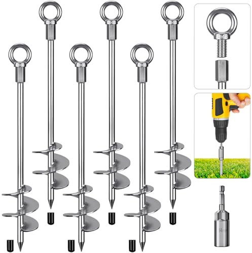 Dolibest Tent Peg Heavy Duty, 46cm Ground Anchor Screw Trampoline Stake Metal Earth Sand Spiral Wind Storm Spike for Swing/Camping/Shed/Dog/Carport/Canopy with Fixed Eyelet, 6 Pack