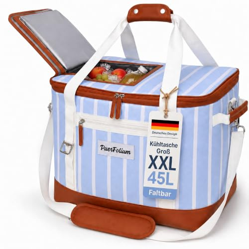 PuerFolium Kühltasche Groß Faltbar 45L Kühlbox für Einkauf Strand Auto Picknicktasche Einkaufskorb Lunchtasche Thermotasche Cooler Bag Unterwegs Passive Wasserdicht 12h Isoliert mit Klappe Retro XXL