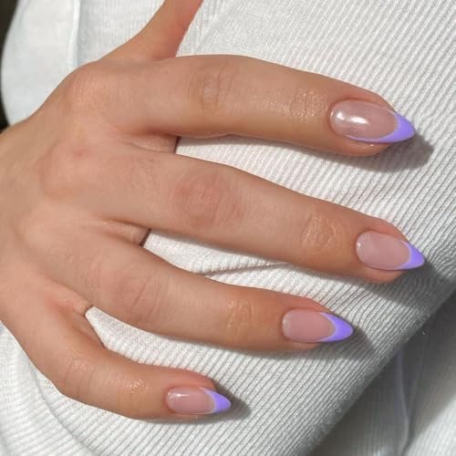 SXVME 30 Pcs Acrylic Press on Nails Short Almond, Lilac French Tip False Nails Short Pointed Stiletto, Natural Nude Fake Nails Set Classic Soft Gel Stick on Nail for Women Daily Wedding Wear