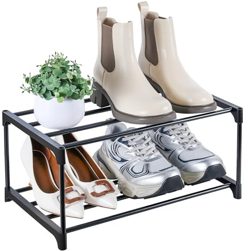 Ywinler 2 Tier Shoe Rack Small, Space Saving Shoe Storage Organiser Easy Assembly & Strong Design, Metal Frame, Shoe Shelf for Dressing Room, Hallway, wardrobe