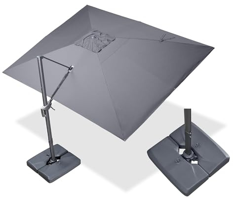 PURPLE LEAF Parasol Déporté 3 x 4 m avec Socle Lesté, Parasol de Jardin Extérieur avec 8 Baleines Aluminium Toile Protection UV, Inclinable 6 Positions et Rotation 360°, Gris chiné foncé