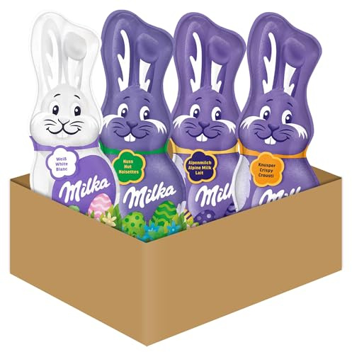 Milka - Assortiment de Chocolats de Pâques : 1 Lapin Chocolat Blanc, 1 Lapin Chocolat au Lait Noisettes, 1 Lapin Chocolat au Lait, 1 Lapin Chocolat au Lait Croustillant - Chocolat à Offrir - Lot x4
