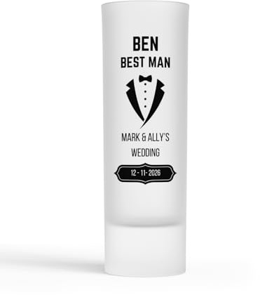 Personalised Best Man Tuxedo Design Shot Glass Wedding Gift for Usher, Groomsman, Father of the Bride & Groom - Customised Text Colours to Match Your Wedding Theme. (Black)