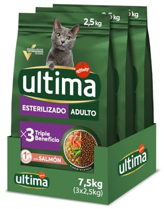 Ultima Pienso para Gatos Adultos Esterilizados con Salmón - Caja de 3 x 2,5kg - Total 7,5kg
