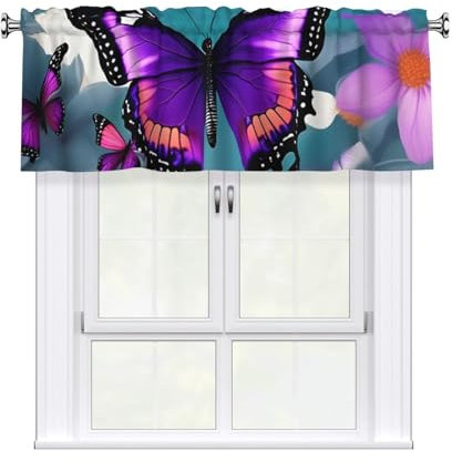 KOUUIP Schmetterling Blumen Lila Querbehang mit Stangendurchzug für Küche Wohnzimmer Schlafzimmer 45,7x137,2cm