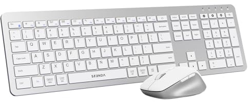 Teclado y mouse Bluetooth inalámbricos, teclado y mouse delgados multidispositivo, tamaño completo, compatible con Windows, MacBook Pro/Air, iPad, iMac, color blanco plateado