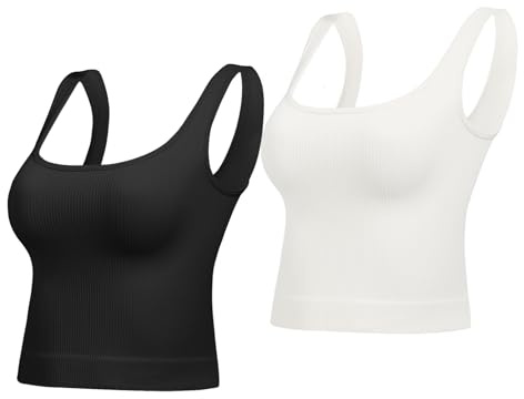 Lemef magtröjor för kvinnor grundläggande sömlös ribbad tank top fyrkantig hals sommar tonåringar topp söt träningstopp, Svart och vitt, M
