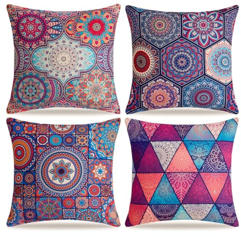 Throw Pillow Covers 18 x 18 inch Purple Vintage Mandala Boho Cushion Covers Ethnic Soft Linen Square Decorative Pillowcase for Home Couch Sofa Outdoor Garden Set of 4
