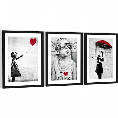 Novart Wandbilder Banksy Collage - mit Rahmen - Wohnzimmer Büro Loft Wanddeko - 3 Bilder 30x40 cm Street Art - N103135aR2
