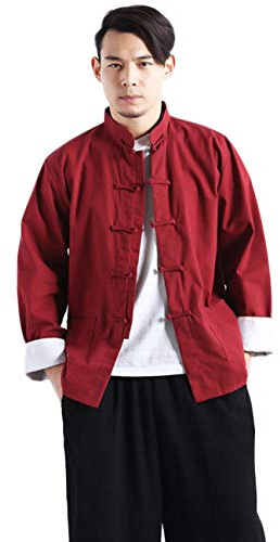LUZU JUNU Men's Cotton Linen Kung Fu Shirt Chinese Traditional Tang Suit Tai Chi Blouse Long Sleeve Frog Buttons Coat Jackets (US, Alpha, XX-Large, Regular, Regular, Wine Red)