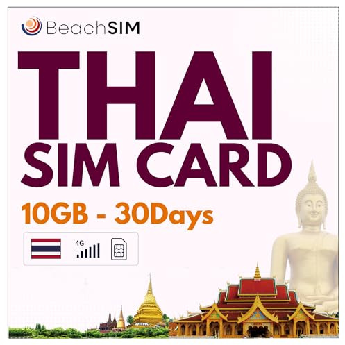 BeachSIM Tarjeta SIM Tailandia 30 días. 10GB de Datos prepagados a velocidades 4G/5G. Fácil de recargar. Funciona en Dispositivos iOS y Android desbloqueados.