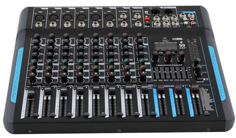 10 Kanal Mischpult Audiomixer mit 99 DSP Effekten, Soundpult Konsole für Studio Aufnahme, USB Bluetooth Mixer, Mischgerät mit 7 Band EQ, Studiomixer für Live Bühne und DJ
