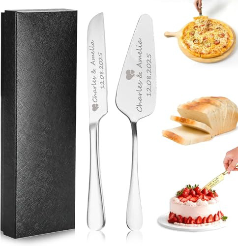 Personalised Cake Knife and Server Set with Name & Date, Stainless Steel Cake Cutter, Pie Cutter Pizza Spatula, Personalised Gift for Newlyweds, Anniversary, Birthday & Special Occasions (Silver)