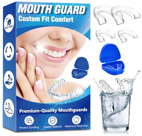 Munskydd för tandslipning, 4-pack återanvändbart nattmunskydd för käkfäste - stoppar bruxism, anpassad passform tandskydd för sovande vuxna och barn med resefodral