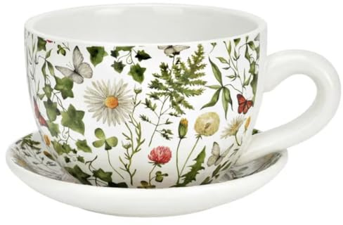 Seyila Home Pflanztasse aus Keramik mit Unterteller, Blumentopf in Tassenform, Deko-Pflanzgefäß,Pflanzkübel, Blumentopf in versch. Größen und Designs (MixBlumen, 25 cm)