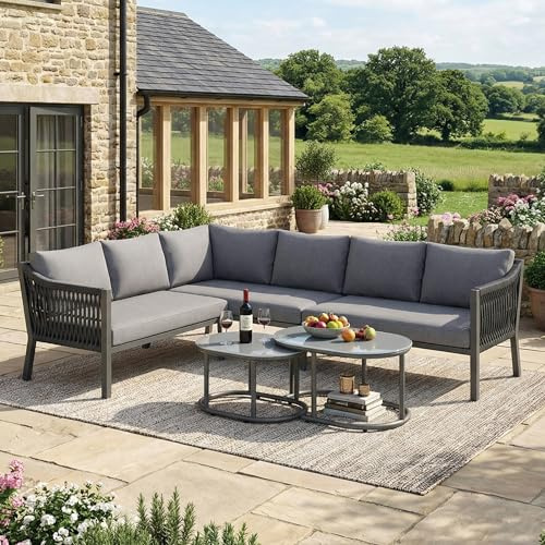 FammyLoft 6 Sitzer Outdoor Gartenmöbel Set, Gartenlounge Außen mit Geflochtenem Seil, Gartensofa mit Esstisch aus Glastischplatte und Ecksofa, Outdoor Sofa Wetterfest für Terrasse & Garten, Grau
