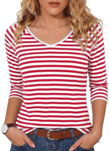 Terecey Tee Shirt Femme Manches 3/4 Col V Haut Rayé Basique Casual | Toucher Doux et Respirant, Tombé Fluide, Motif Marin Intemporel, Liberté de Mouvement, Bureau, Voyage et Vacances