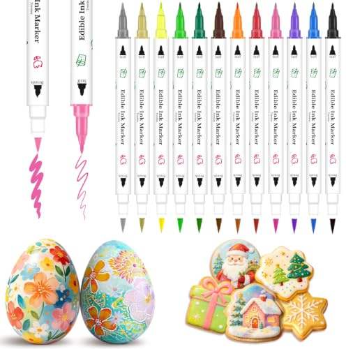 Stylos Colorants Alimentaires, 12Pcs Stylo Marqueurs Comestibles Double Pointe Avec Pointe Fine Et Épaisse Idéal Pour Colorer Gâteaux, Œufs De Pâques, Fondant, Biscuits, Glaçage Et Macarons