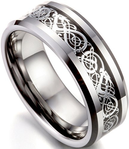 Flongo Herrenring Männer Ringe Bandring Daumen Ring Siegelring Wolfram Wolframcarbid Silber Schwarz Irish Celtic Knot Irischen Keltisch Knoten Drachen Herren-Accessoires, Größe 74