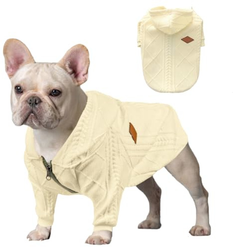 Meioro Hundepullover mit Reißverschluss und Kapuze, für Hunde, Katzen, süße Haustiere - Weiß, Wolle, XS