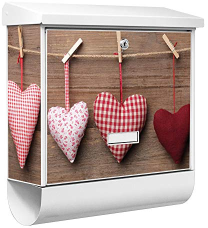 banjado® Burgwächter Briefkasten Weiß 38x39x12cm mit Motiv Herzen/Briefkasten mit Zeitungsfach/Briefkasten mit Zeitungsrolle/Postkasten inkl. Montagematerial & 2 Schlüsseln