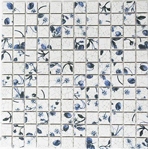Piastrelle Mosaico Retrò Vintage Ceramica Bianca Blu Fiore Cucina Parete MOS18D-1404