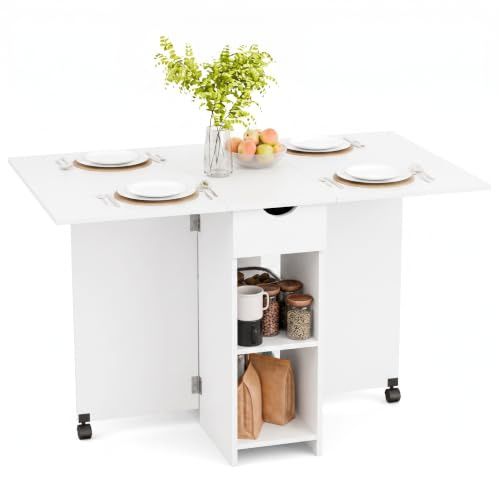Mondeer Fällbart matbord, köksbord med låda och hyllor för 2–4 personer, fällbord matbord med hjul för små rum, matsal, kök, 72 x 120 x 75 cm, vitt