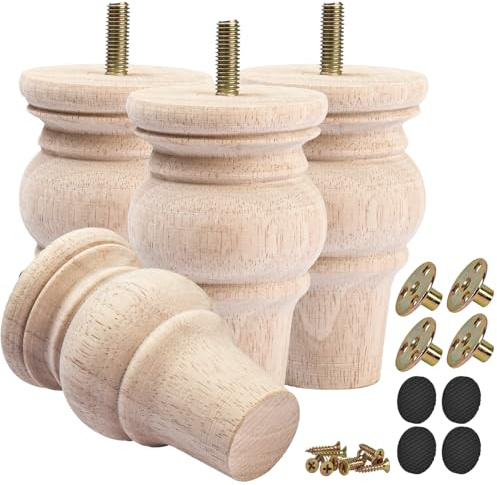 TCHOSUZ 4 Inch Wooden Furniture Legs (10cm) Set of 4 Solid Hardwood Replacement Bun Feet for Sofa, Couch, Chair, Ottoman, Dresser, Cabinet, Coffee Table - M8 Predrilled Screw Holes