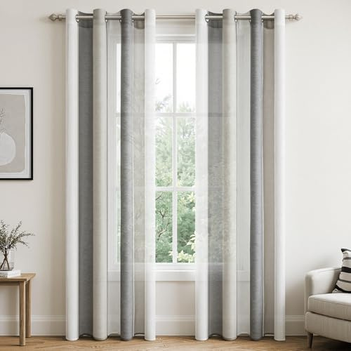 MRTREES Voile Gardinen Kurz Vorhang Halbtransparent Streifen Stores Schals mit Ösenschal Moderner Wohnstil Weiß+Grau 225×140cm (H×B) für Dekoration Kinderzimmer Wohnzimmer Schlafzimmer 2er-Set