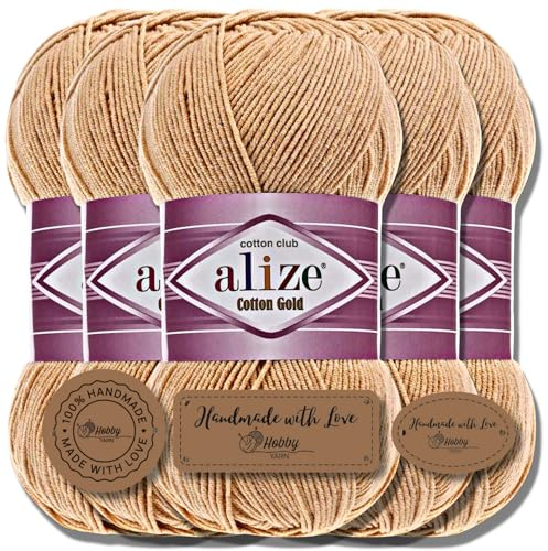 Hobby YARN 3x Etikettenlabel mit Alize Cotton Gold Wolle Premium 5x100g als Set, Yarn, Garn, Sommerwolle, Baumwolle, Strickgarn, Einfarbig, Baby, Kleidung, Schals (Dusty Powder - 446)