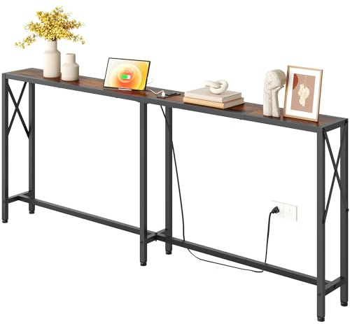 Gewudraw 70 in Skinny Sofa Table Behind Couch, Console Table with Oulets & USB Ports for Hallway, Entryway,Living Room, Bedroom, Rustic Brown