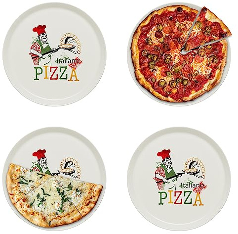 KHG 4er-Set Pizzateller, extra groß mit 30 cm Durchmesser in Chefkoch Print | perfekt für Gastro und Zuhause, hochwertiges Porzellan, spülmaschinengeeignet & perfekt Stapelbar, vielseitig einsetzbar