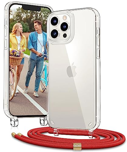 Vaykwo Handykette für Apple iPhone 12 Hülle mit Band und iPhone 12 Pro Hülle mit Band - Necklace Handyhülle - Transparente Case zum Umhängen mit Kameraschutz und Bildschirmschutz - Rot | Necklace Handyhülle, Transparente Case zum Umhängen, Verstellbar und Abnehmbar