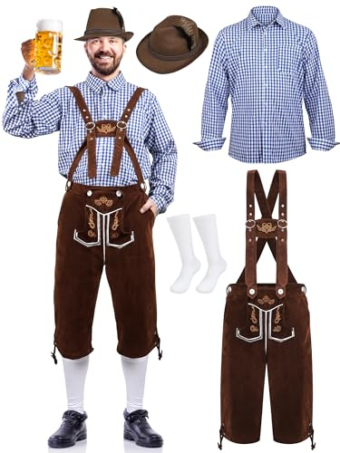SOMSOC Herren deutsche bayerische Oktoberfest Kostüm Set enthält Herren Lederhosen mit Pendern & Shirt & Socken und Hut