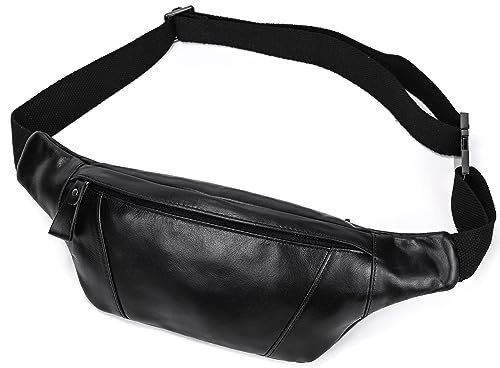 Gürteltasche Leder Vintage Bauchtasche für Herren Damen Hüfttasche Modern Belt Bag für Jogging Festival Urlaub Echtes Leder, schwarz