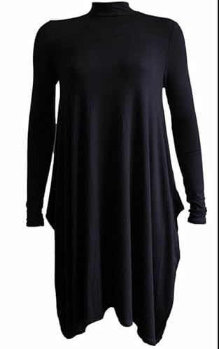 P&R DANCEWEAR LTD Women Plain Long Sleeves Flared Polo High Neck Hanky Skater Swing Dress Baggy Top (Black, M-L)