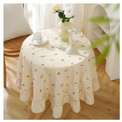 Gualiy Tischdecke Modern Baumwolle, Tischtuch 150CM Tischdecken Abwaschbar Gelb Blumen Stickerei Tischdecke für Esstisch, Aprikose