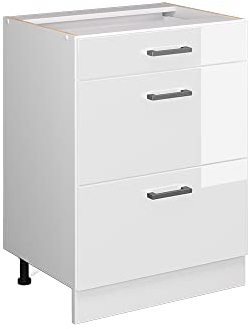 Vicco Unterschrank R-Line, Weiß Hochglanz/Weiß, 60 cm mit Schubladen, ohne Arbeitsplatte