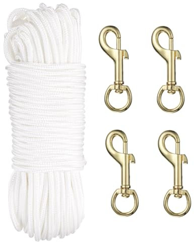 sourcing map 100Ft Flag Pole Rope Kit, Flag Pole Halyards Rope 1/4 Thick with 4 Pcs Nickel Plated Swivel Flagpoles Clips Hook(Gold), Nylon Flagpole Line Rope White