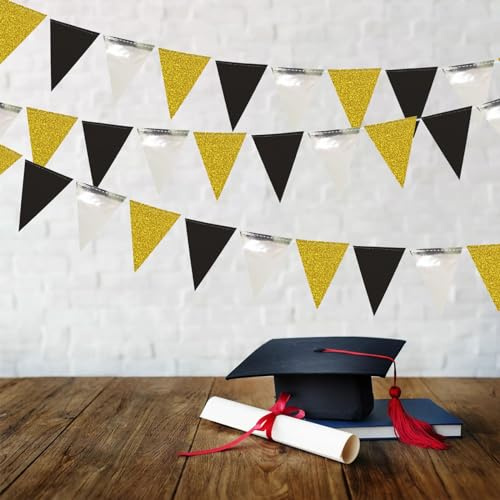 30 Feet Black Gold Silver Triangle Banner Flag, Double Sided Glitter Paper Triangle Flag, Triangle Pennant Bunting Garland for Birthday Holiday Wedding Anniversary Graduation Theme Christmas Party Sup
