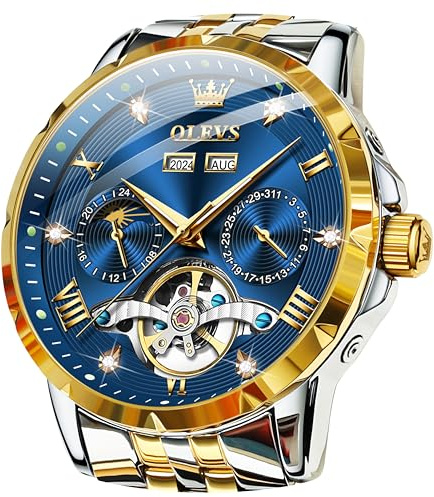 OLEVS Relojes mecánicos automáticos para hombre, de lujo, de acero inoxidable, Tourbillon, año, mes/día, fase lunar, impermeable, para hombre (azul/negro), 6691: correa dorada plateada y esfera azul,