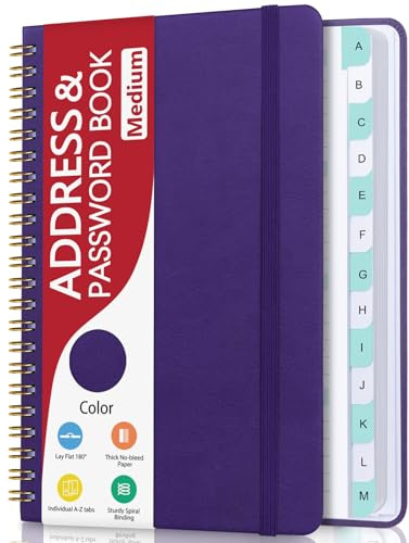 Address Book with Alphabetical Tabs, Hardcover Phone Book Password Keeper with Spiral Binding, Address Books for Seniors, Record Internet Logins, Coloring Pages - 5.7 × 7.7 (Purple)