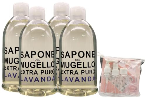 Sapone Extra Puro Per Mani, Viso e Corpo, LAVANDA. Con Estratto Biologico Di Foglia Di Olivo e Olio Essenziale Di lavanda 1000ml (4 Flaconi) + Kit Bottiglie Da Viaggio