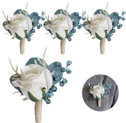 Huilimei 4 rosas artificiales azules pavo real para hombre, ramillete de novia y novio, dama de honor, ceremonia de boda, aniversario, cena, baile, decoración con pin para vestido de traje